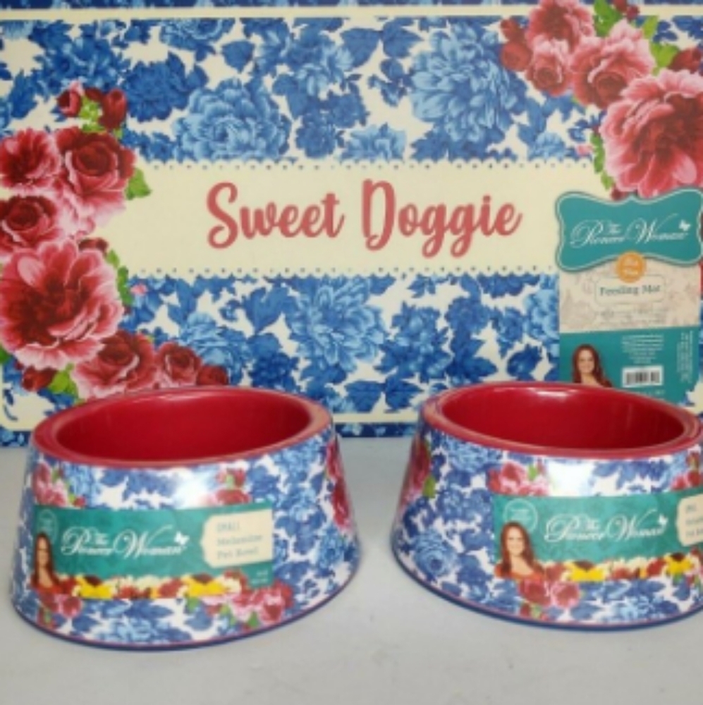 🌺 🐶 New Pioneer Woman Frontier Rose Pet Mat & 2 Pet Bowls, Small Bowls - Picture 2 of 4